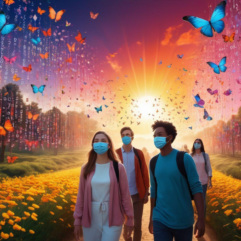 A whimsical digital landscape filled with vibrant colors showcasing a diverse group of joyful individuals exploring a bright, open internet space, symbolized by floating clouds of data and colorful butterflies representing online anonymity. Each person is wearing quirky, privacy-themed accessories like masks and digital shields, conveying a sense of cheerful empowerment. In the background, a radiant sun peeks through a curtain of binary code. playful vector art. vivid colors.