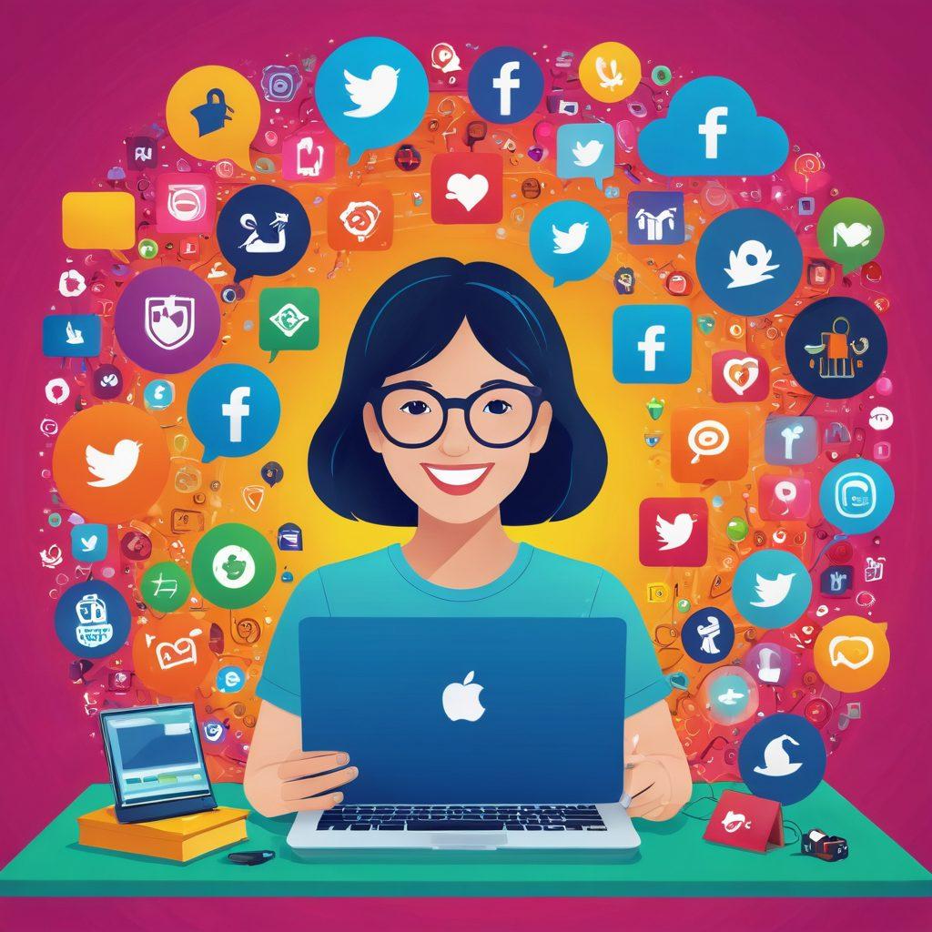 A whimsical scene depicting a cheerful person surrounded by a digital landscape of vibrant icons representing online activities, such as social media, shopping, and gaming, with a protective bubble surrounding them. Include playful elements like colorful lock and shield symbols to symbolize online privacy protection. The background should be bright and lively, representing a joyful internet experience. surreal illustration. colorful. playful style.